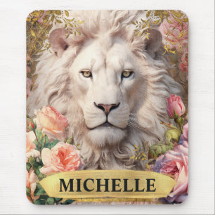 Tapis De Souris Aquarelle Vintage Lion Blanc et Roses Roses