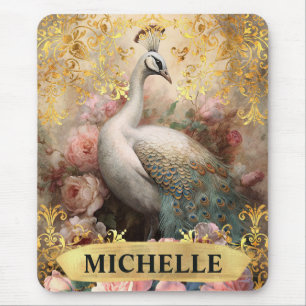 Tapis De Souris Aquarelle Vintage Paon blanc et Roses roses