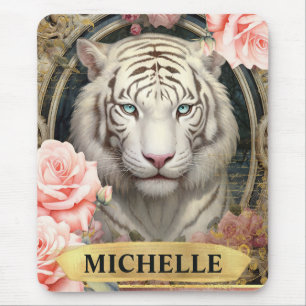 Tapis De Souris Aquarelle Vintage Tigre Blanc et Roses Roses