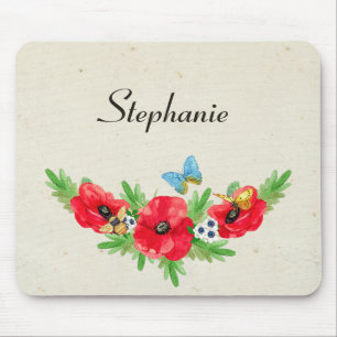 Tapis De Souris Aquarelle Vintage Whimsical Rouge Poppy avec nom
