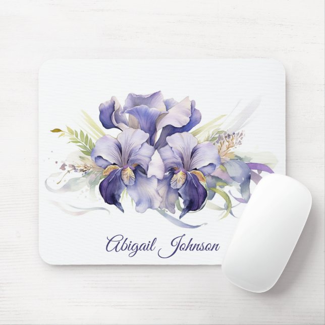 Tapis De Souris Aquarelle violet Iris Bouquet (Avec souris)