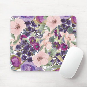 Tapis De Souris Aquarelle violet rose vif Feuilles verts floraux