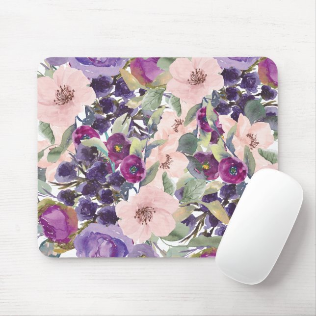 Tapis De Souris Aquarelle violet rose vif Feuilles verts floraux (Avec souris)