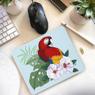 Tapis De Souris Ara Macao Rouge Perroquet Tropical Hibiscus Floral