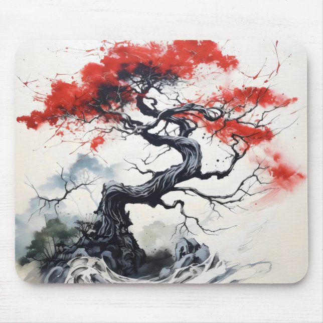 Tapis De Souris Arbre Abstrait Rouge Noir (Devant)
