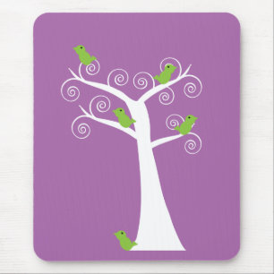 Tapis De Souris Arbre blanc fantaisiste et oiseaux verts Art