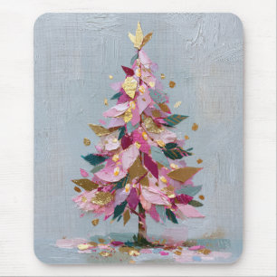 Tapis De Souris Arbre de Noël abstrait rose et or Impasto