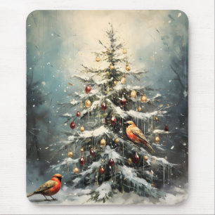 Tapis De Souris Arbre de Noël rustique d'hiver Oiseaux rouges enne
