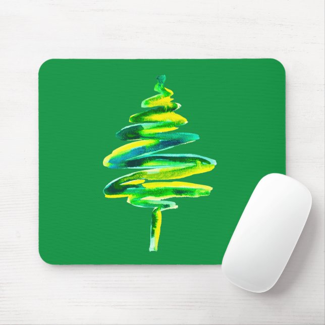 Tapis De Souris Arbre de Noël vert aquarelle abstraite (Avec souris)