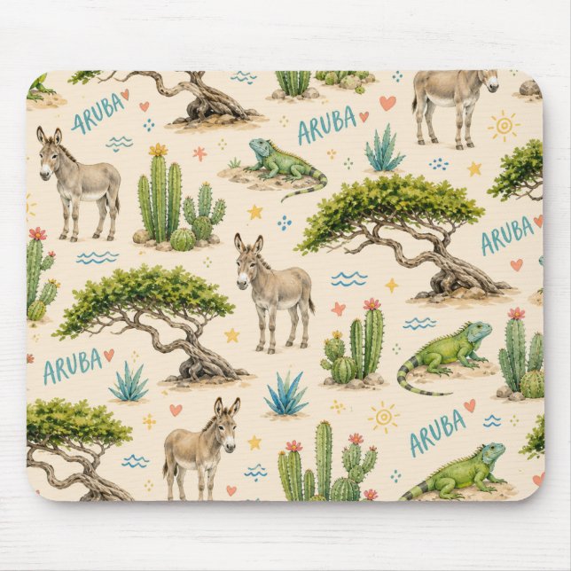 Tapis De Souris Arbre divi d'Aruba, âne, iguane, cactus (Devant)