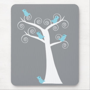 Tapis De Souris Arbre en spirale blanc fantaisiste avec oiseaux bl