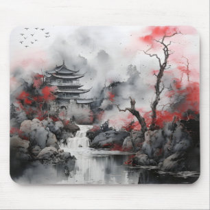 Tapis De Souris Arbre rouge et Maison asiatique