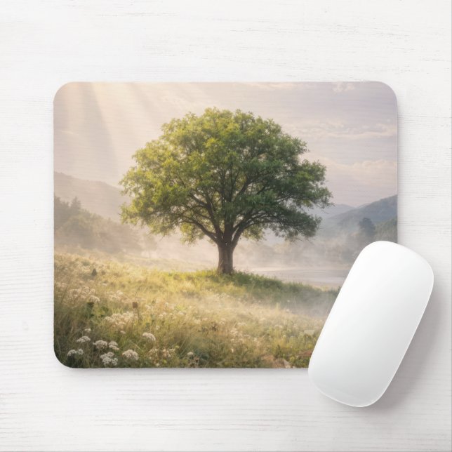 Tapis De Souris Arbre vert dans la brume de la prairie (Avec souris)