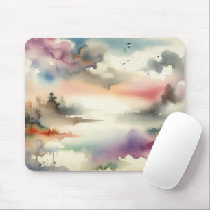 Tapis De Souris Arbres brumeux et oiseaux à l'aquarelle