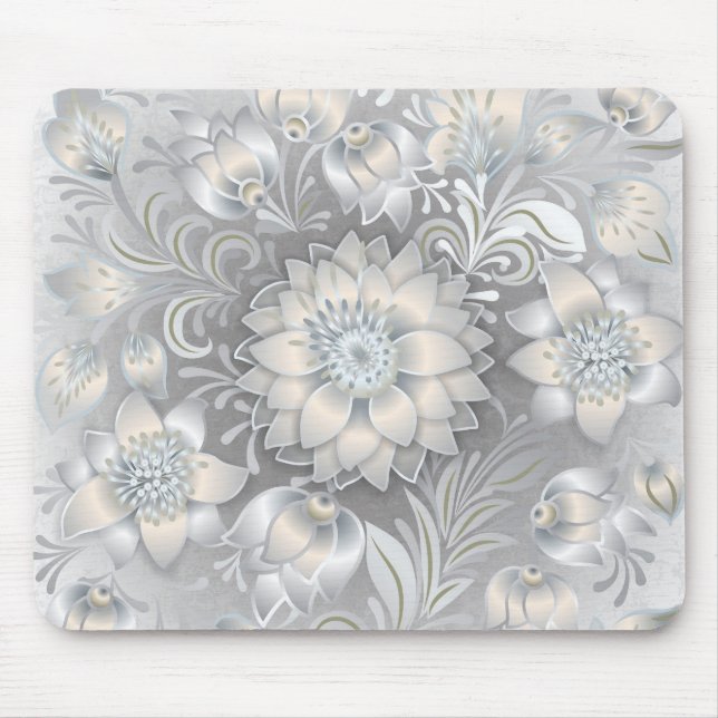 Tapis De Souris Argent neutre floral chic minable de blanc gris (Devant)