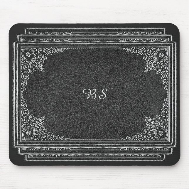 Tapis De Souris Argent ornemental sur noir avec initiales (Devant)