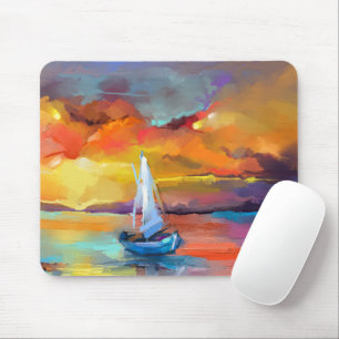 Tapis De Souris Art abstrait de coucher de soleil avec voilier col