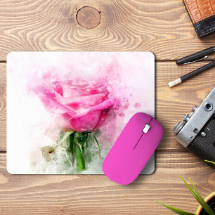 Tapis De Souris Art aquarelle de rose rose sur fond blanc
