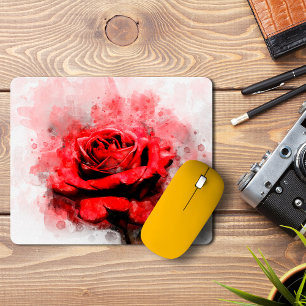 Tapis De Souris Art aquarelle de rose rouge sur fond blanc