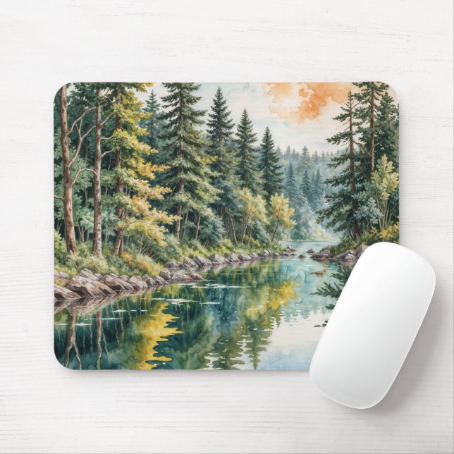 Tapis De Souris Art aquarelle d'une rivière dans une forêt (Avec souris)