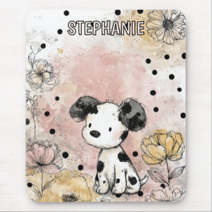 Tapis De Souris Art aquarelle florale de chiot fantaisiste (2)