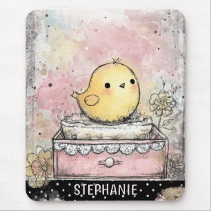 Tapis De Souris Art aquarelle florale de poussin fantaisiste