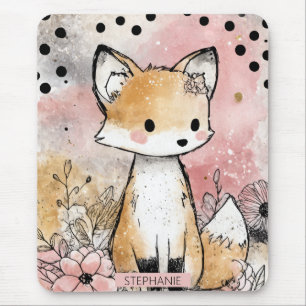 Tapis De Souris Art aquarelle florale renard fantaisiste