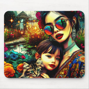 Tapis De Souris Art coloré Maman et fille Jardin Fleur asiatique