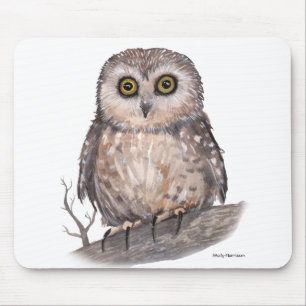 Tapis De Souris Art d'aquarelle de faune et flore de Hibou aux yeu