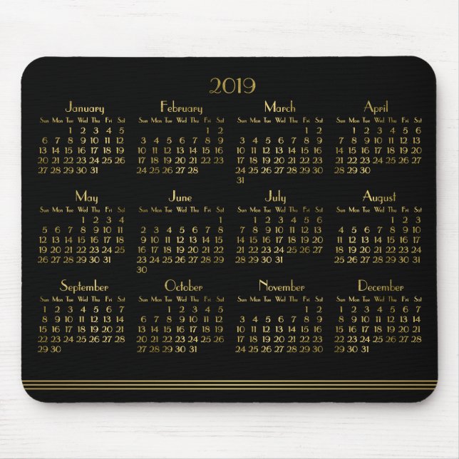 Tapis De Souris Art Déco Black Gold Calendrier annuel 2019 Mousepa (Devant)