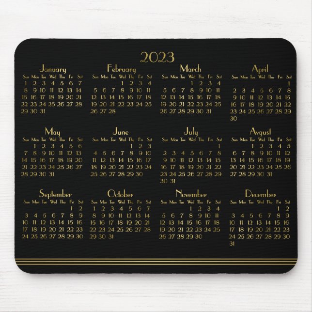 Tapis De Souris Art Déco Black Gold Calendrier Annuel 2023 (Devant)