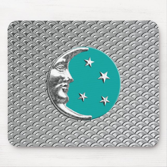 Tapis De Souris Art Deco Moon and stars - Turquoise & Silver (Devant)