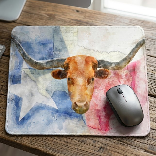 Tapis De Souris Art d'impression à l'aquarelle représentant une va (Texas Longhorn Cow and Flag Watercolor Print Art. Mouse Pad)