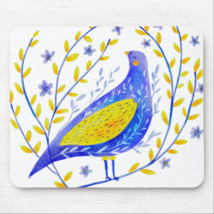 Tapis De Souris Art d'oiseau bleu et jaune à l'aquarelle moderne