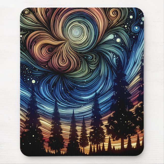 Tapis De Souris Art Ethétique mystique avec arbres et ciel nocturn (Devant)