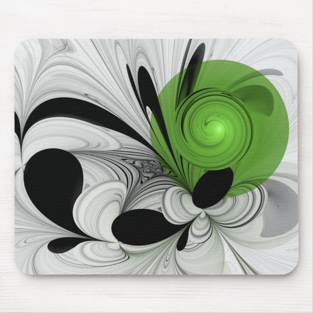 Tapis De Souris Art fractal abstrait noir et blanc avec vert (Devant)