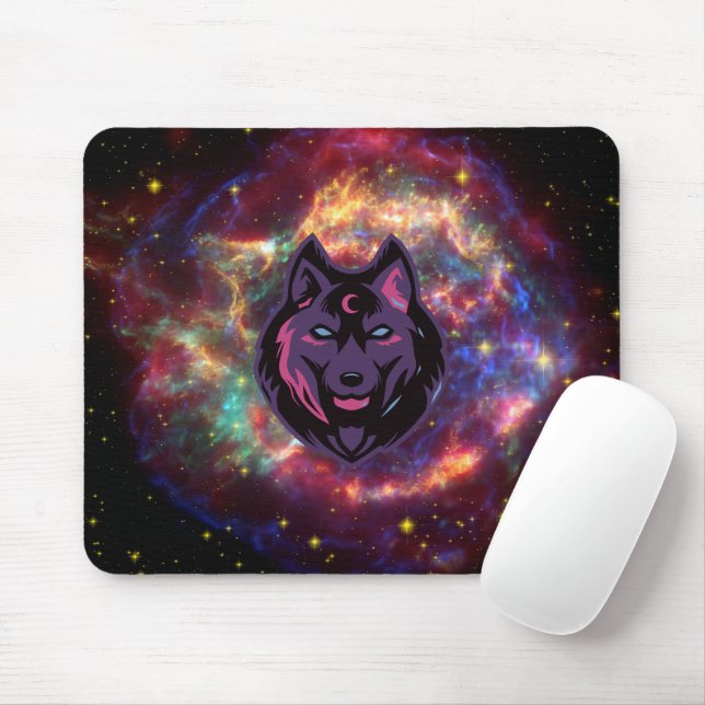 Tapis De Souris Art graphique, Illustration violette Loup cosmique (Avec souris)
