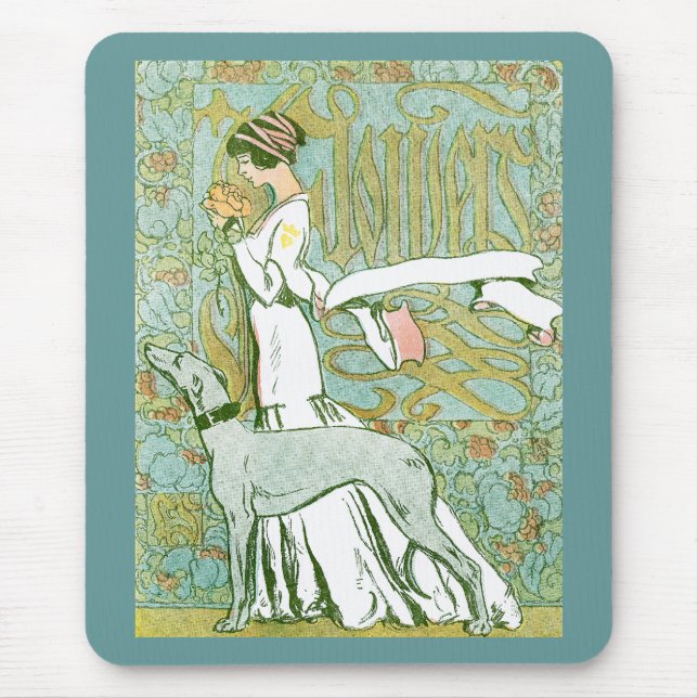 Tapis De Souris Art Nouveau Greyhound et dame à la fleur (Devant)