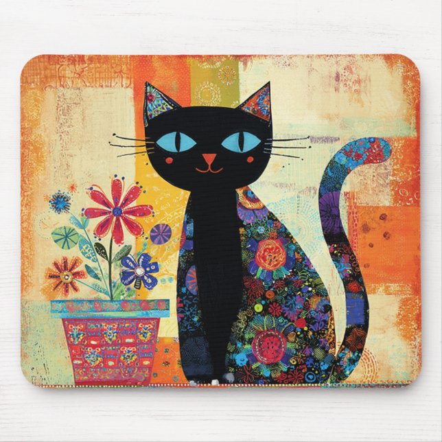 Tapis De Souris Art populaire de chat noir (Devant)