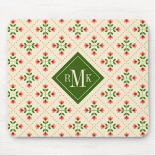 Tapis De Souris Art populaire rose du monogramme et vert floral