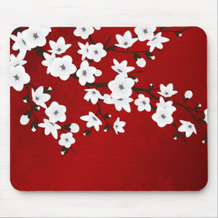 Tapis De Souris Asie Floral blanc cerisier rouge