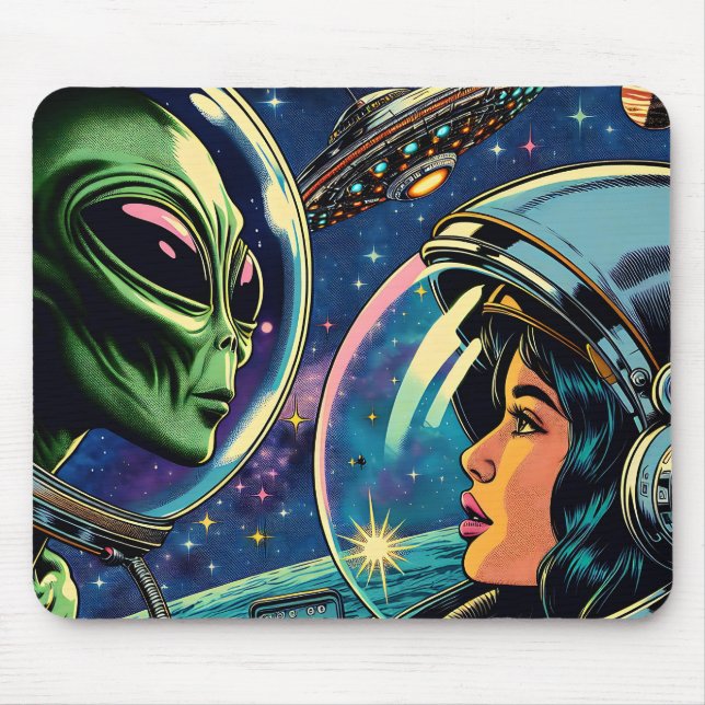 Tapis De Souris Astronaute femme rencontre un extraterrestre alien (Devant)