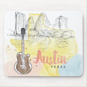 Tapis De Souris Austin, croquis d'aquarelle du Texas  