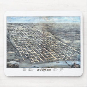 Tapis De Souris Austin, Texas Antique Aerial City Carte de 1873