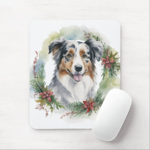 Tapis De Souris Australian Shepherd Christmas Wreath Festive Pup