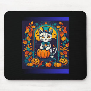 Tapis De Souris Automne Halloween Cute Blanc Et Noir Chat Scène Au