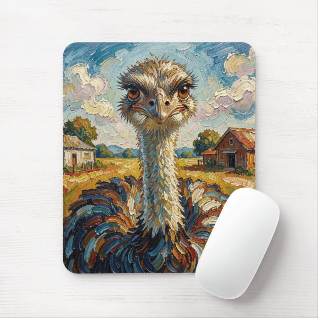 Tapis De Souris Autruche drôle à l'impasto dans un ranch  (Avec souris)