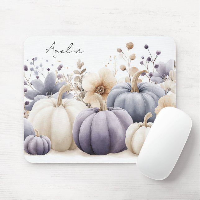 Tapis De Souris Autumn Blue and Beige Pumpkins and Flowers  (Avec souris)