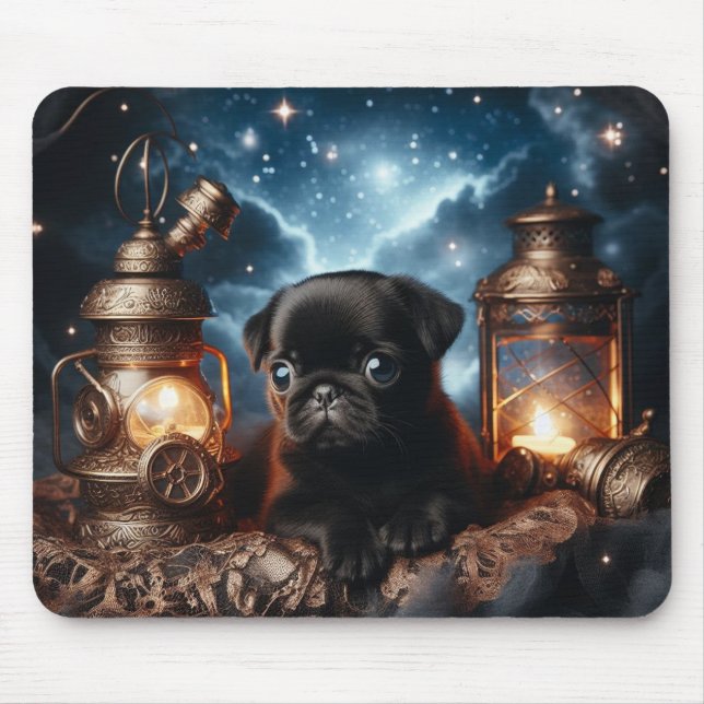 Tapis de souris avec chiot Carlin noir et lanterne (Devant)