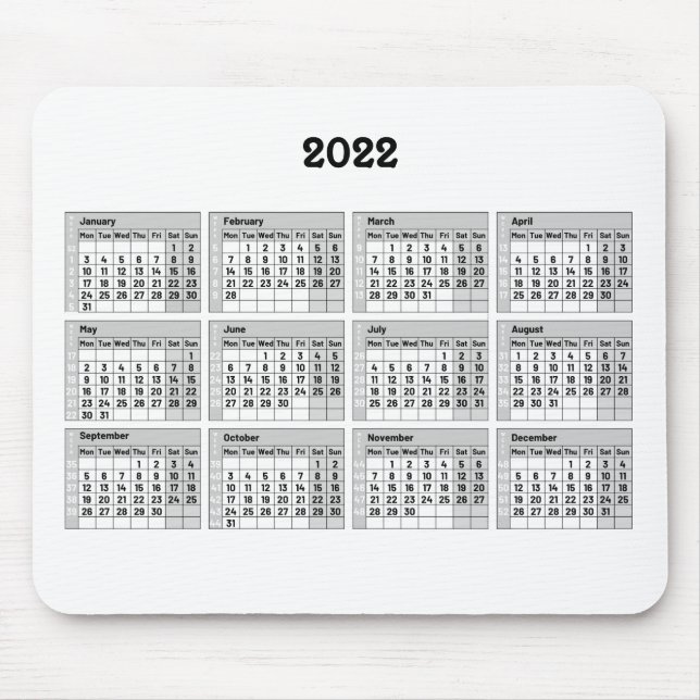 Tapis De Souris avec le calendrier 2022 et la numérotation de la s (Devant)
